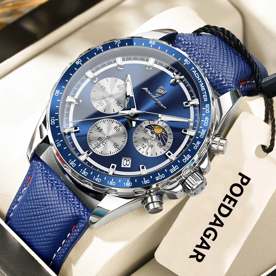 Reloj POEDAGAR original de moda para hombre, luminoso, resistente al agua, cronógrafo, fecha, cuero, cuarzo deportivo