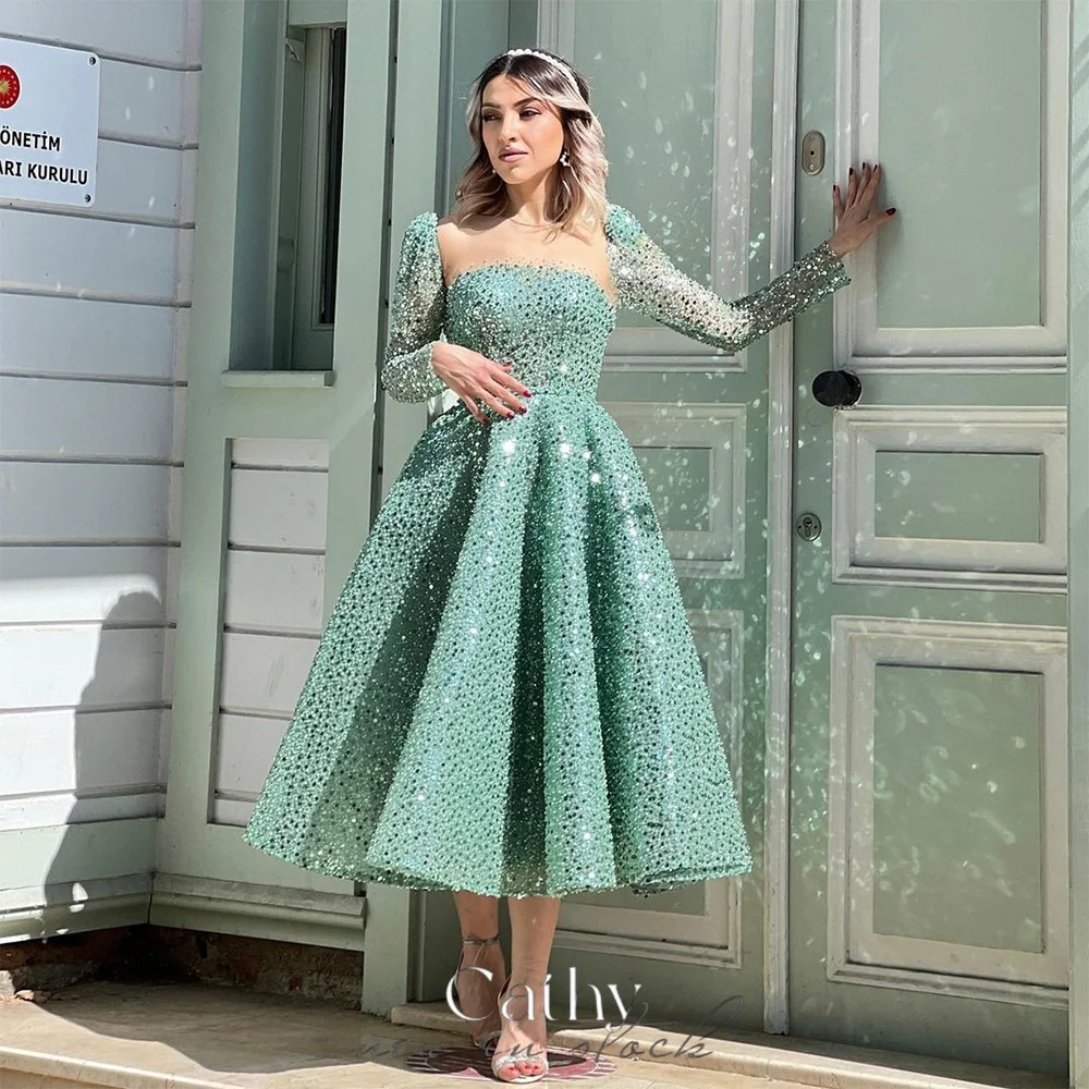 

Cathy Green A-line Prom Dresses Elegant Long Sleeves Glitter فساتين السهرة Ankle-Length Shiny Sequins Vestidos De Noche 2024