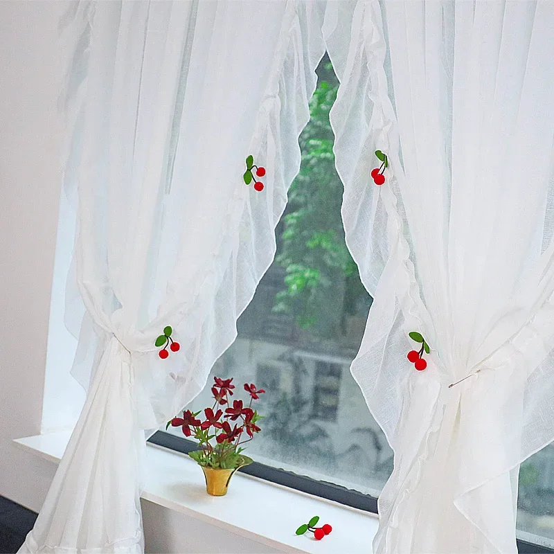 White Faux Linen Sheer Short Curtains for Kitchen Cafe Vintage Ruffled Lace Shabby Red Cherry Half Window Treatment Drapes