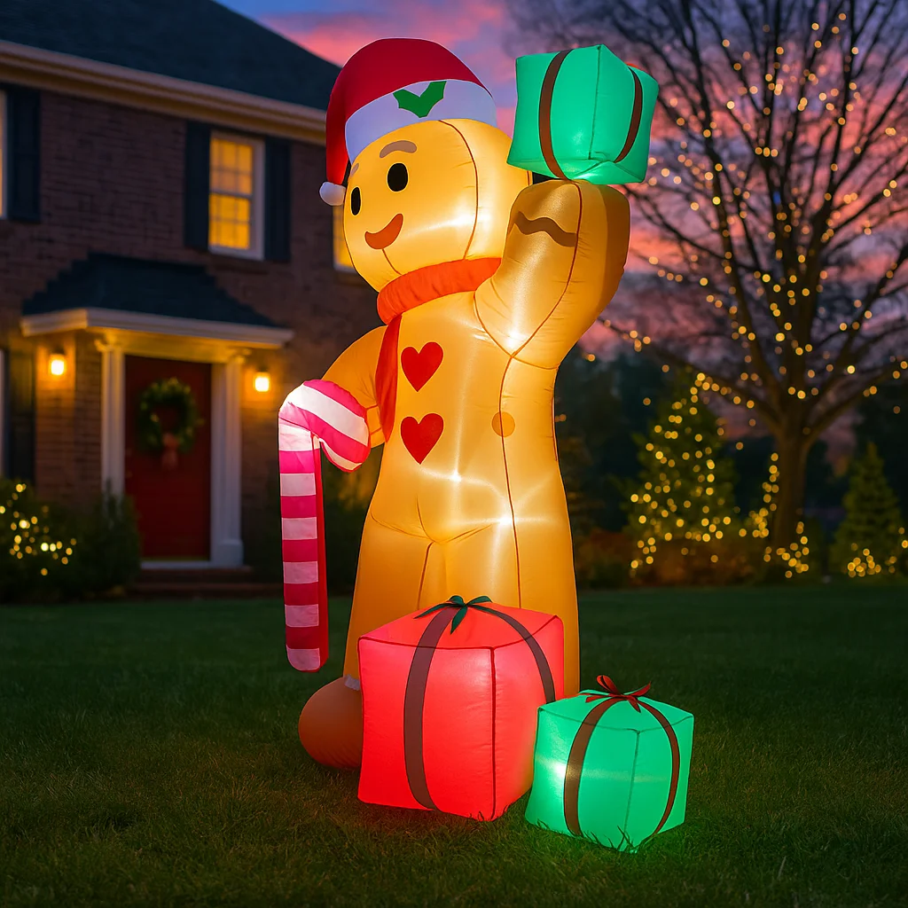 2,4 m/7,8 ft aufblasbare Lebkuchenmann Zuckerstange mit Geschenk LED-Leuchten Heimdekorationen Spielzeug Hof Weihnachten Urlaub Dekor liefert