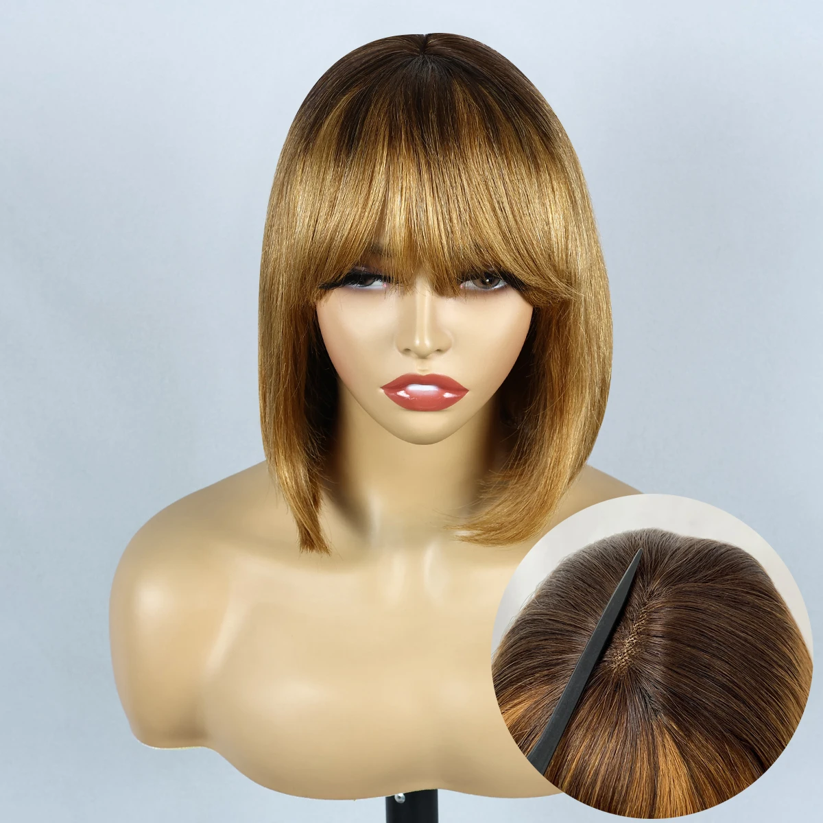 T2/30 2x1 Lace BOB Wigs With Bangs Fake Scalp 10 inches Short Lace Bob Wigs Natural Color Straight BOB Human Hair Wigs For Woman