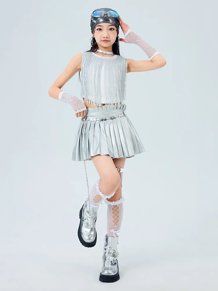 Mädchen K-pop Sets Weiß Quasten Crop Top Street Dance Kinder Hip Hop Jazz Silber Röcke Kleidung Kinder Streetwear kostüm