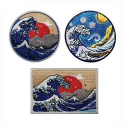 Ukiyoe ricamo Magic Sticker Badge Kanagawa Oonami Morale Badge borsa ricamata Sticker Sea Waves Starry Skies Armband