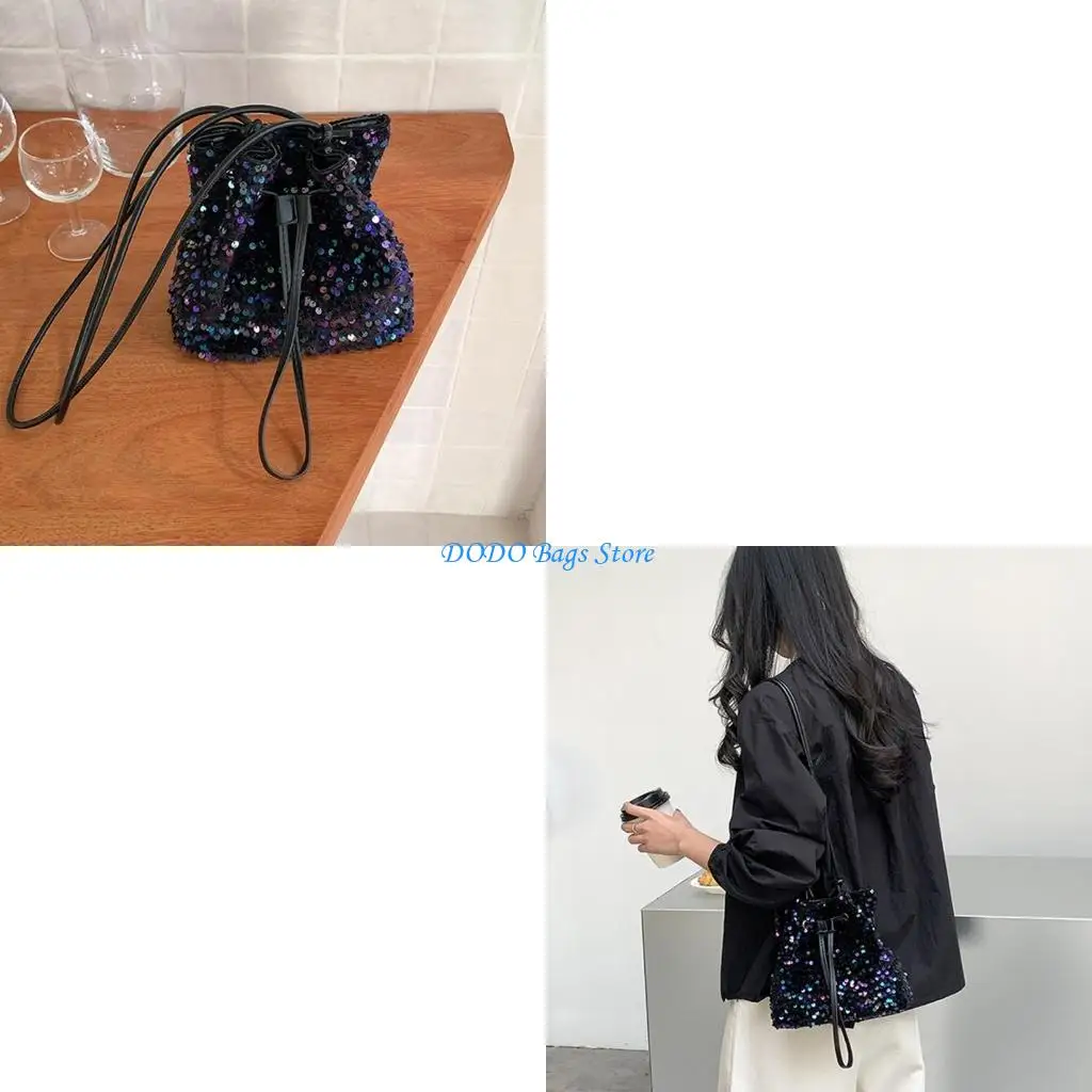 

Small Drawstring Shoulder Bag Sequins Bucket Bags Handbags Drawstring Crossbody Purse Evening Bag for Shopping Dating