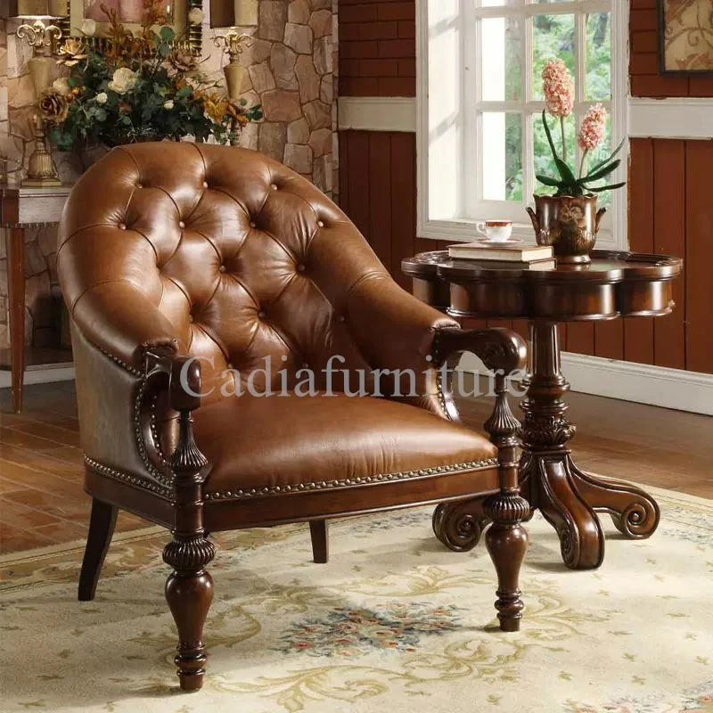 

American Design Solid Wood Leather Tiger Chair Luxury Villa Living Room Leisure Reception Chair Leather Chairs