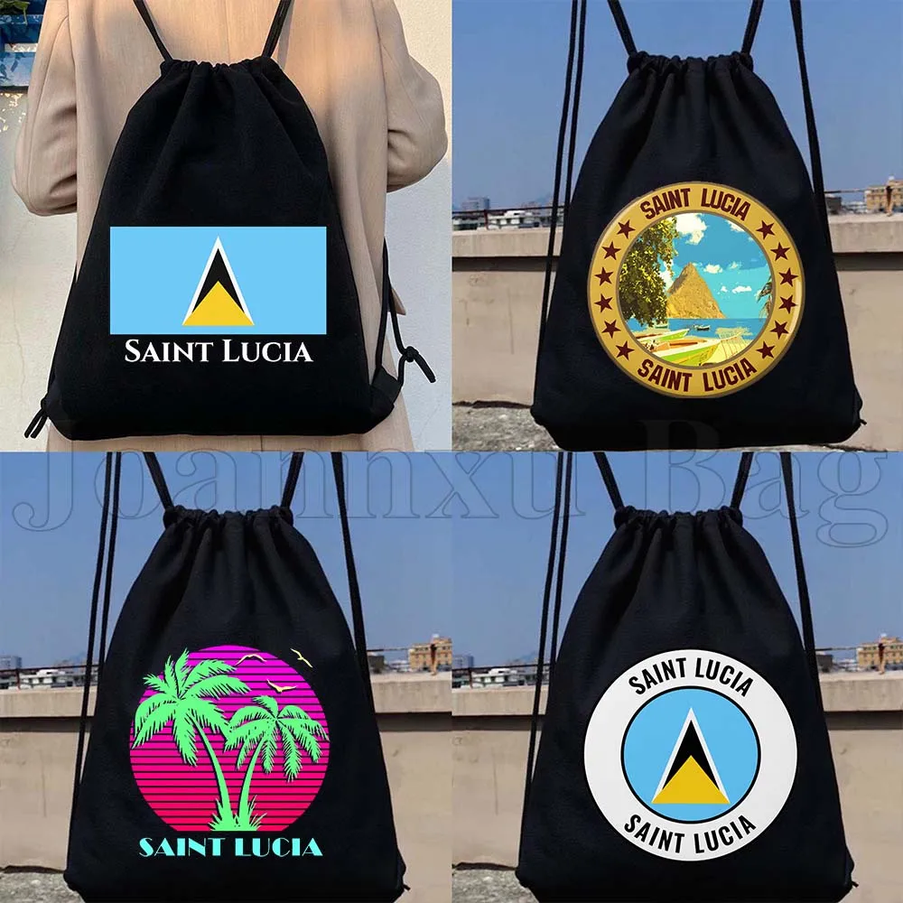 

Saint Lucia Map Flag Patriotic Travel Birthday Gifts Canvas Packs Drawstring Soccer Backpack Sports Sackpack Cotton String Bag