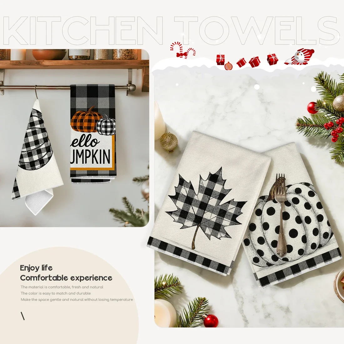2/4/6pcs set Kitchen Towels Thanksgiving plaid pumpkin maple Hand Towels Christmas Decorations for Home Noel Dish Towels Gifts