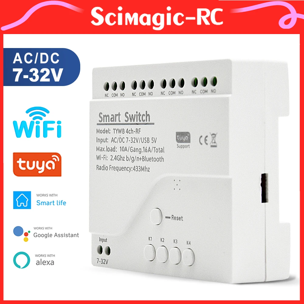 

4CH Tuya Wifi Switch Relay Smart Home Wireless Module AC 7-32V 85-250V 220V 110V 2200W 10A Receiver or RF433 Remote For Alexa