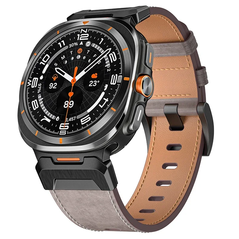 Pulseira de aço inoxidável e couro para relógio Samsung Galaxy, ultra, mecha estilo banda, sem lacunas, pulseira curva, 47mm