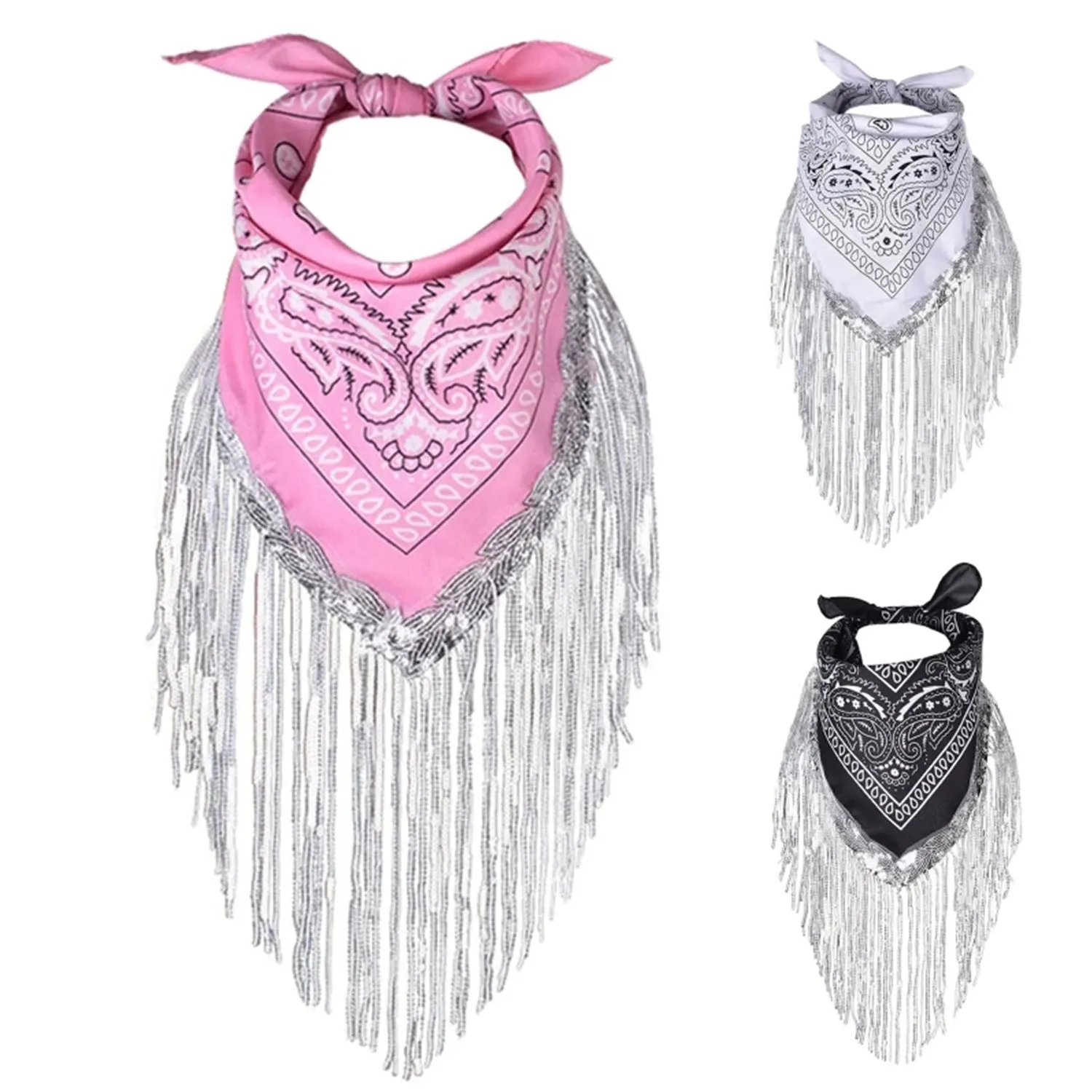 Rhinestone Fringe Bandana Women Tassel Square Scarf Versatile Neckerchief Fashion Headscarf Hip Hop Neck Scarf Cowgirl Bandanas