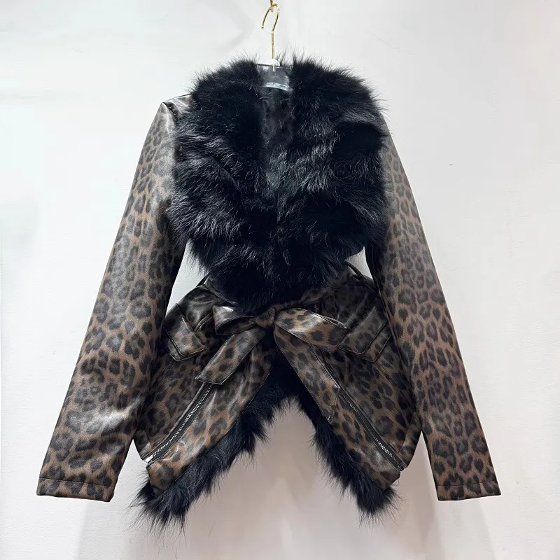 High Quality Faux Fox Fur Collar Leopard Print Imitation Leather Coat With Belt Autumn Winter New Women Biker Jacket Streetwear