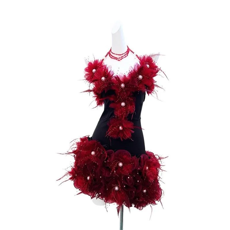Gothic Rose Party Dress 3D Floral Feather Pearl Decor Spaghetti Strap Mini Dress Slim Bodycon Evening Christmas Holiday  Costume