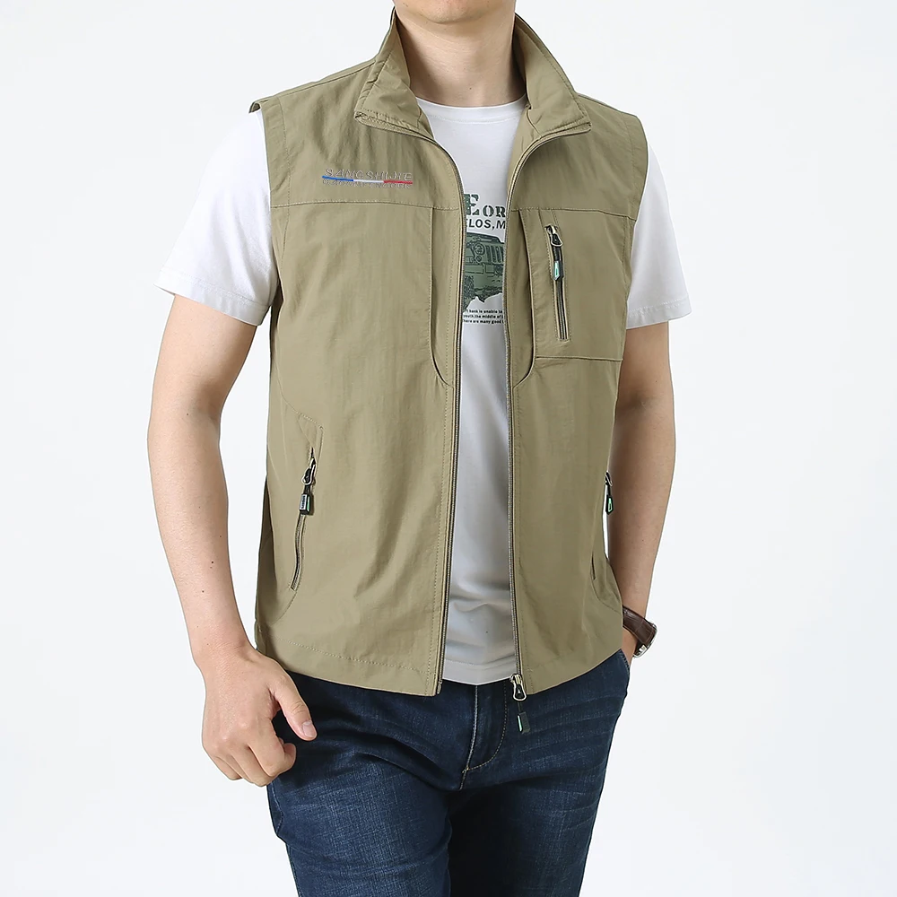 Spring, summer, autumn, vest, men's casual stand collar, multi bag workwear, outdoor photography, fishing, camisole, oversized v