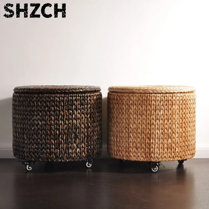 Vintage Storage Stool with Casters Mobile Round Shoe Ottoman Versatile Living Room Rolling Storage Seat Home Organizer Furniture