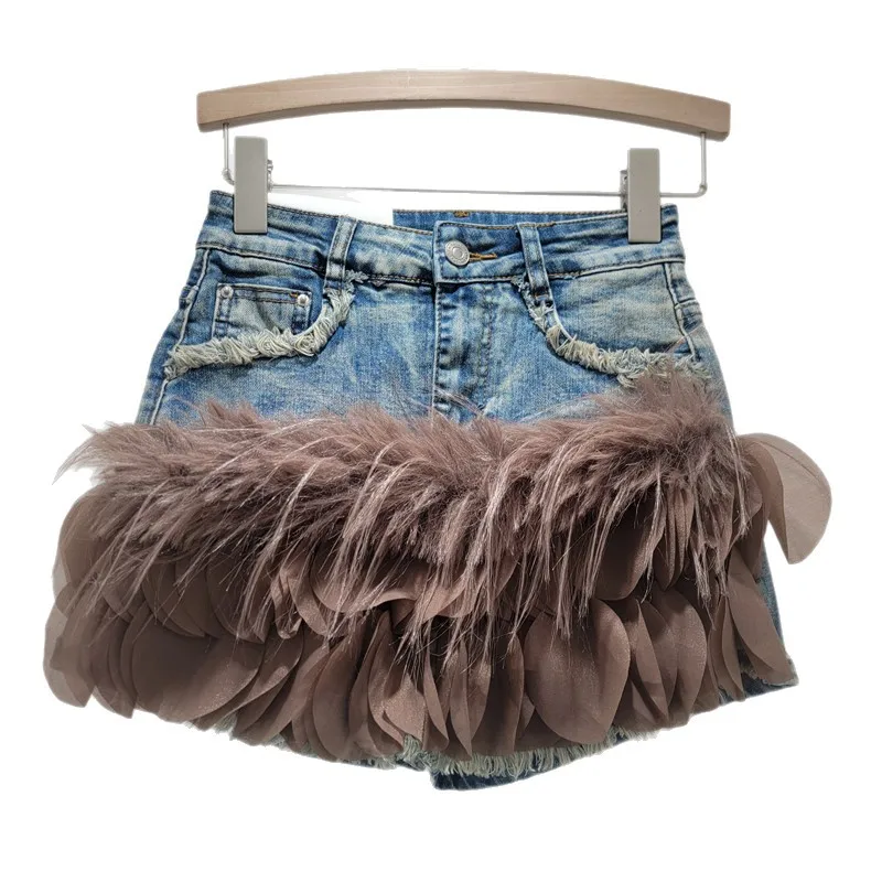 Gonna jeans petalo marrone Donna 2025 Gonna di jeans aderente a vita alta autunno inverno con gonna corta a trapezio patchwork dal design peloso