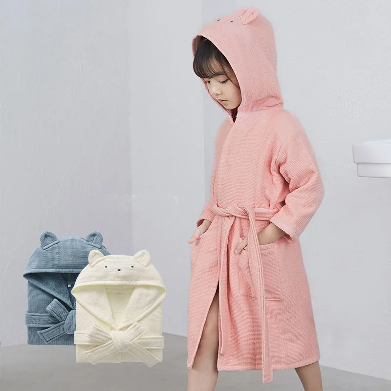 100% Cotton Waffle Weave Kids Hooded Bathrobe A/W Thickened Cute Bear Skin Friendly Absorbent Machine Washable 90-160cm