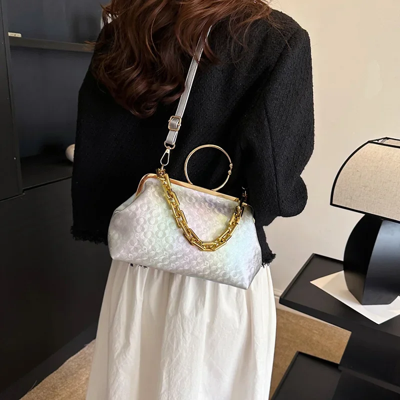 New Designer Women Bling Clip Shell Evening Party Wedding Clutch Lady Thick Chain Messenger Bags Gold Blue PU Leather Handbags