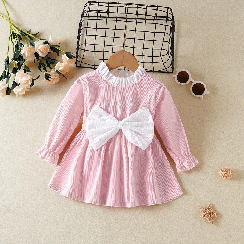 2024 Summer Girls Korean Version Style Princess Dress Children Long Sleeves Lovely Bow Dress 0-2Years Baby Pleats Casual Dress