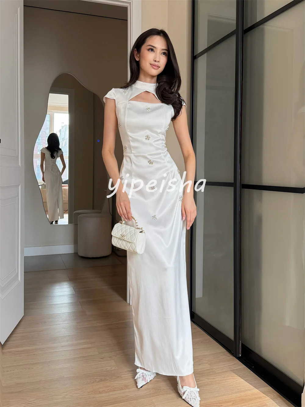 Customized Navy Blue Exquisite Sizes Available Pleat Crystal Straight High Collar Floor-Length Evening Dresses Sizes Available