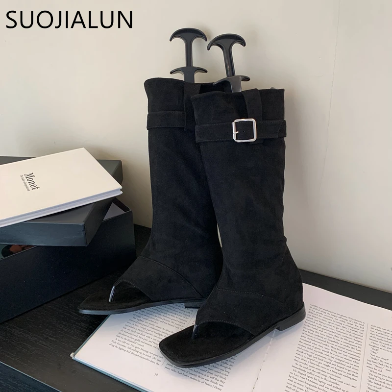 SUOJIALUN 2023 Autumn Women Loog Boot Fashion Open Toe Ladies Elegant Sandal Brand Wedge Heel Ladies Outdoor Knee High Boots