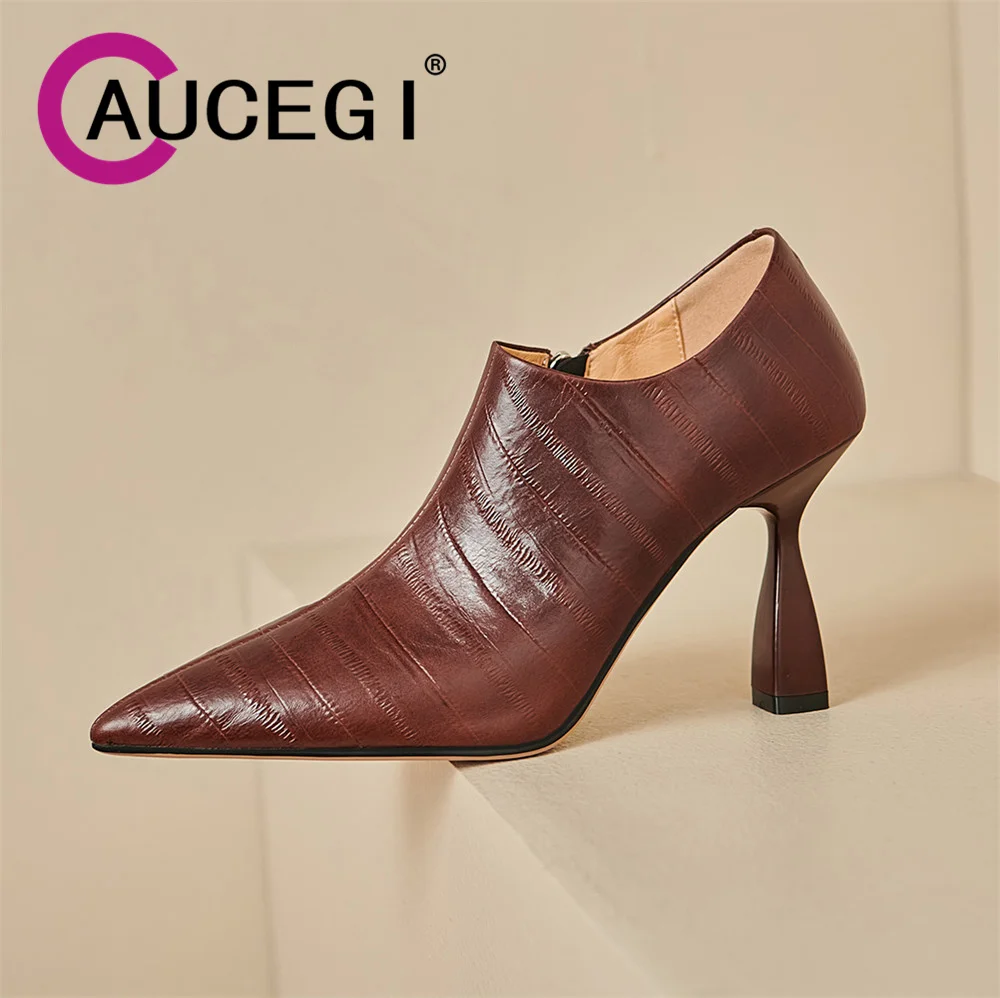 Aucegi 2024 Thin High Heel Genuine Leather Pumps Fashion Sexy Pointed Toe Commuter Party Luxury Brand Women Classic Style Shoes