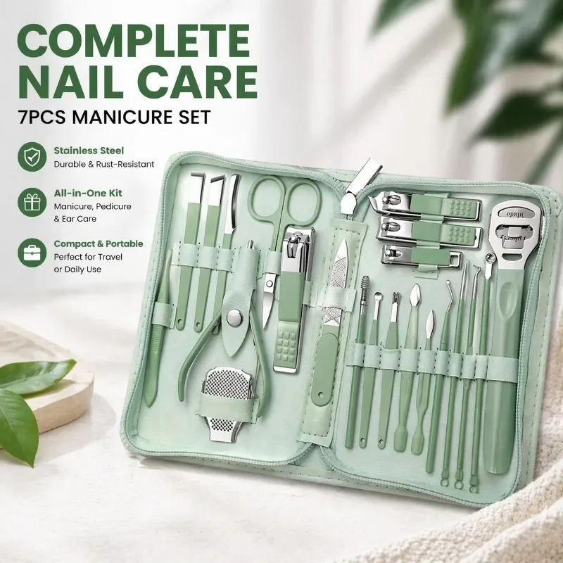 7Pcs Stainless Steel Manicure Set, Nail Clipper Pedicure Kit with Ear Pick, Professional Nail Care Tools for Home Travel