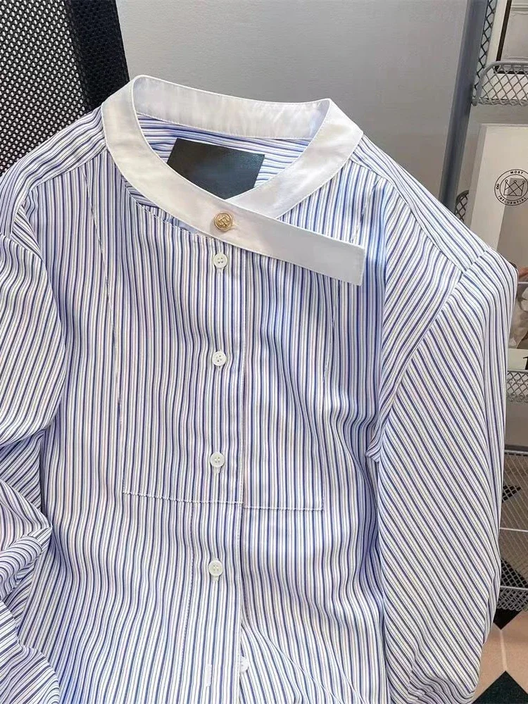 

Повседневная полосатая рубашка в стиле ретро, женская элегантная милая французская блузка с круглым вырезом, винтажная весенняя дизайнерская женская блузка с длинным рукавом, новые свободные топы