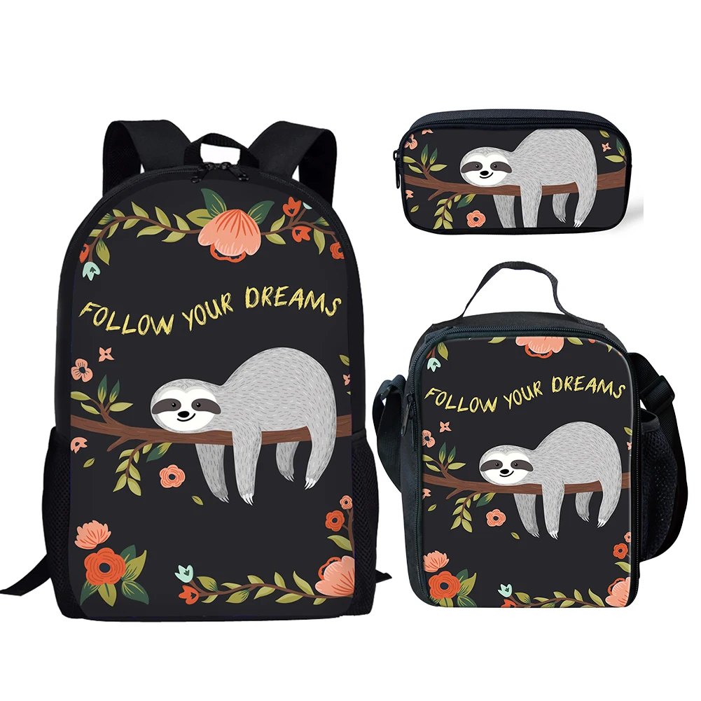 Belidome Funny Sloth Flower Print 3Set School Bags for Teen Boys Casual Lightweight Backpack for Girls Schoolbag Mochila Escolar