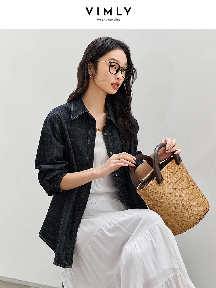 VIMLY Women's Denim Shirt Spring 2025 Black-Grey Cotton Mid-Length Turn-down Collar Jacket Korean-style Relaxed Fit A0178