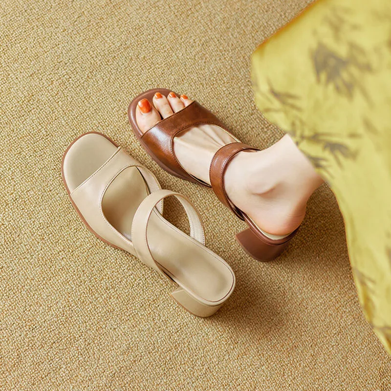 Phoentin Hollow Design Mules 2024 Summer Slippers Woman Open Toe Chunky Heels 4cm Plus Size Female Shoes Brown Apricot FT3627