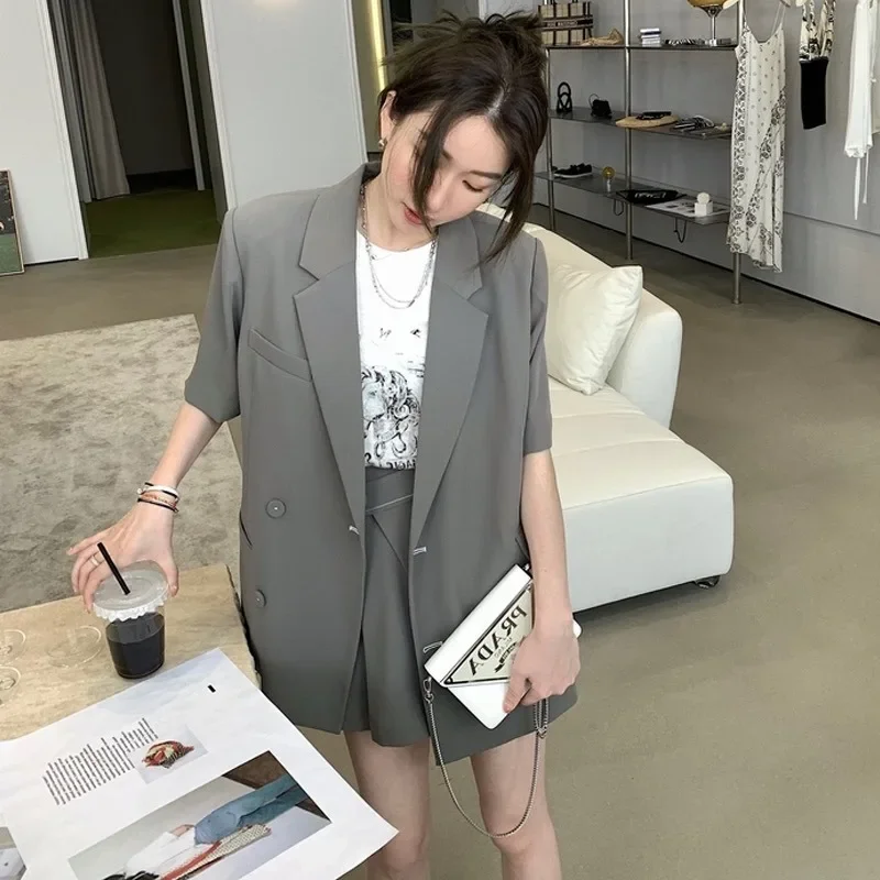 New Korean Loose 2 Piece Women Short Set with Blazer Summer 2024 Thin Short-sleeved Blazers + Shorts Casual Office Ladies Suits