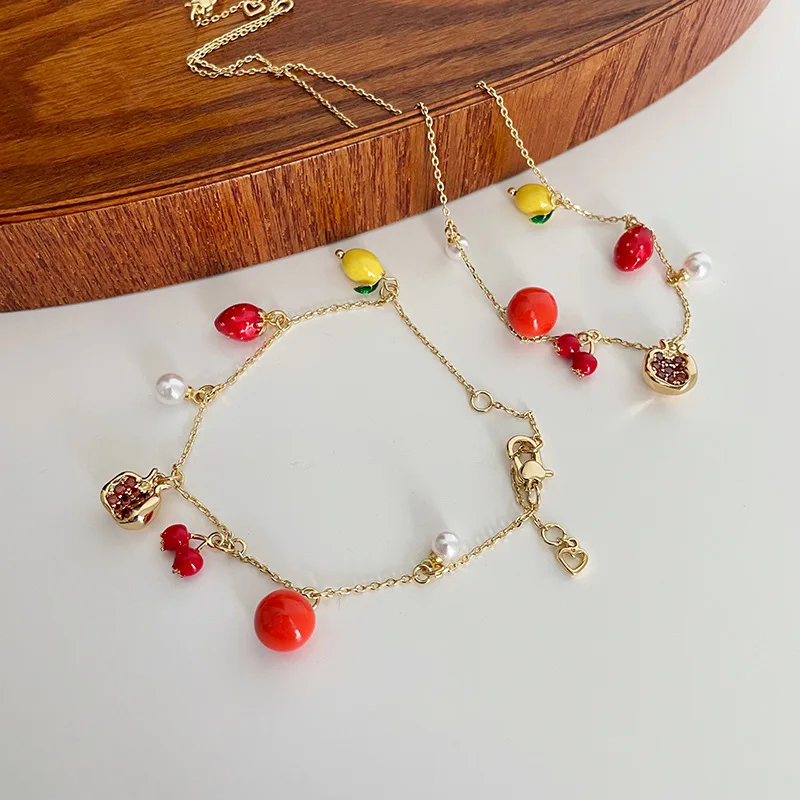 

Fashion Cute Multi-pendant Fruit Bracelet Necklace Set Strawberry Persimmon Lemon Enamel Full Inlaid Rhinestone Clavicle Chain