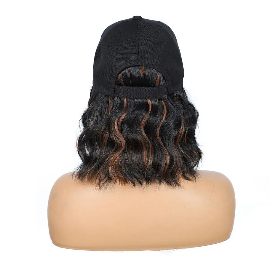 6 بوصة قصيرة موجة قبعة بيسبول الباروكات للنساء مع وصلات شعر مجعد الاصطناعية موجة شعر مستعار قابل للتعديل قبعة مع الشعر المرفقة fo