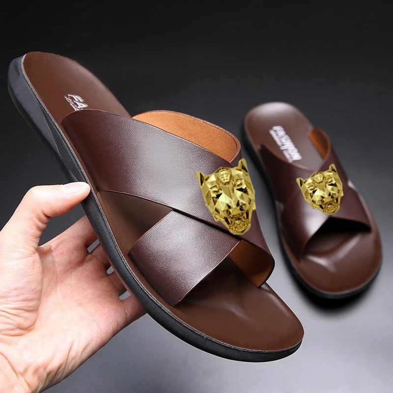 

дизайнерские туфли для мужчин, модные мужские тапочки, уличные, большие размеры 38-48, обувь для мужчин из натуральной кожи, оригинальные летние пляжные тапочки