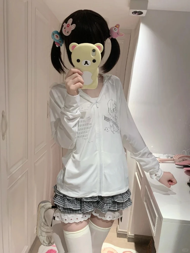 

Summer Japanese Lovely Girl Sunscreen Shirt Casual Fashion Loose White Hooded Coat Women's Sweet Hepburn Long Sleeve Cardigan