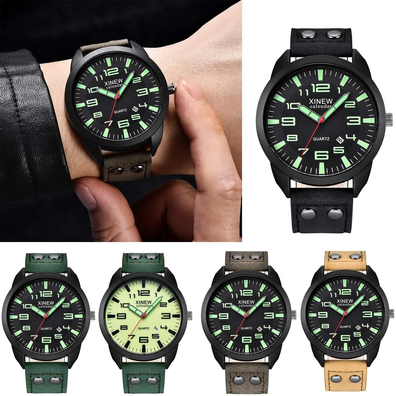 XINEW Men's Quartz Watch Calendar Function Light Brown Leather Strap Luminous Markers Sleek Black Dial Fashionable Wristwatch