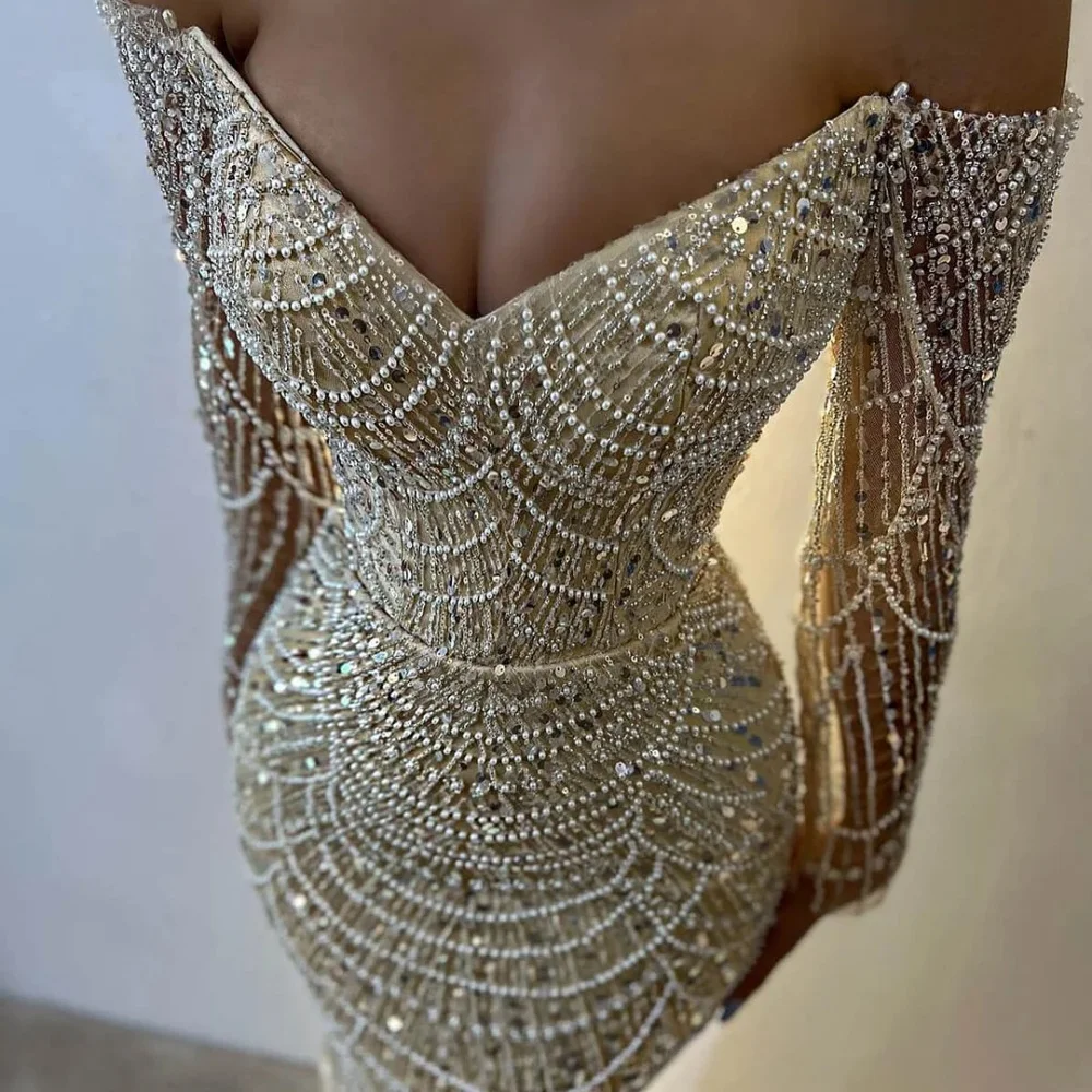 Sansa Elegant A-Line Beading Satin Evening Dress Customized Floor-Length Off Shoulder Wedding Dresses V Neck Vestidos De Fiesta image 5
