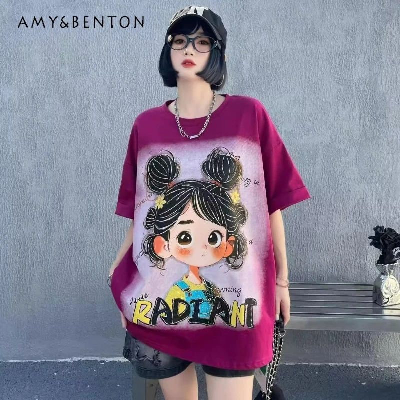 

Women's Cute Round Neck Short Sleeved T-shirt 2026 New Summer American Style Trendy Loose Casual Printed Top Y2k Clothes Tshirts