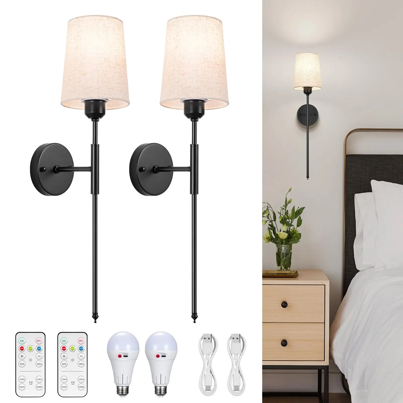 

Wall Lights Battery Operated Wall Sconces Set of 2, Black Wireless Wall Sconces with Remote, Dimmable Rechargeable Battery Power