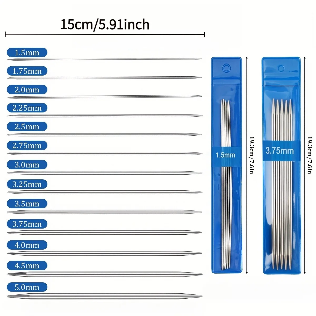 5 Pieces/Pack Double-Ended Knitting Needle Set, 15cm Short Stainless Steel Needles, Available in 13 Different Sizes, 1.5Mm-5.0Mm Double-Pointed Knitting Needle Kit, Suitable for DIY Hats, Scarves, Socks, Dolls, and Baby Shoes