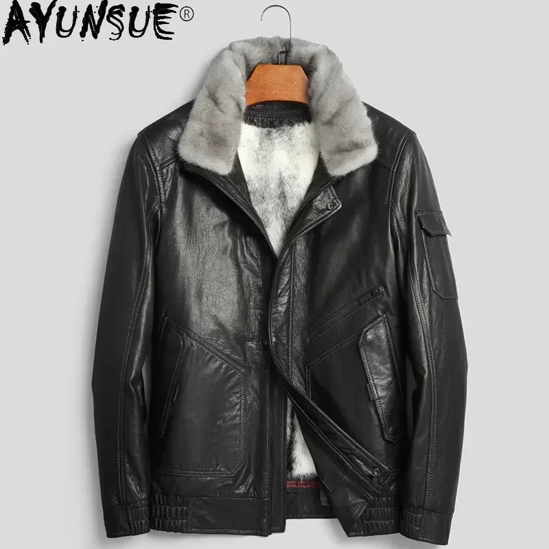 AYUNSUE Mink Fur Jackets Men Pure Cowhide Genuine Leather Jacket Real Leather Natural Fur Coat Man Thick Winter Coats Jaqueta