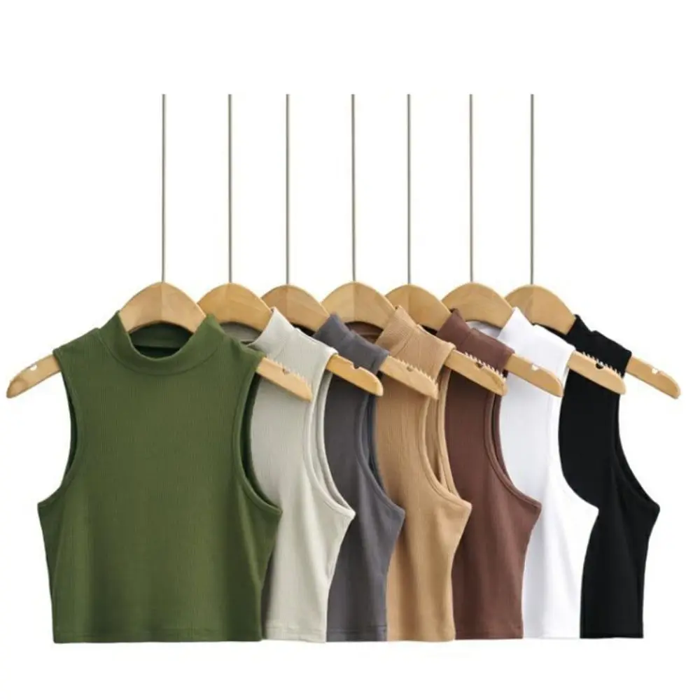 Sleeveless Women Thin Tops Solid Color 2024 Spring Summer Slim Base Camisole O-neck Tees Half High Collar Undershirt