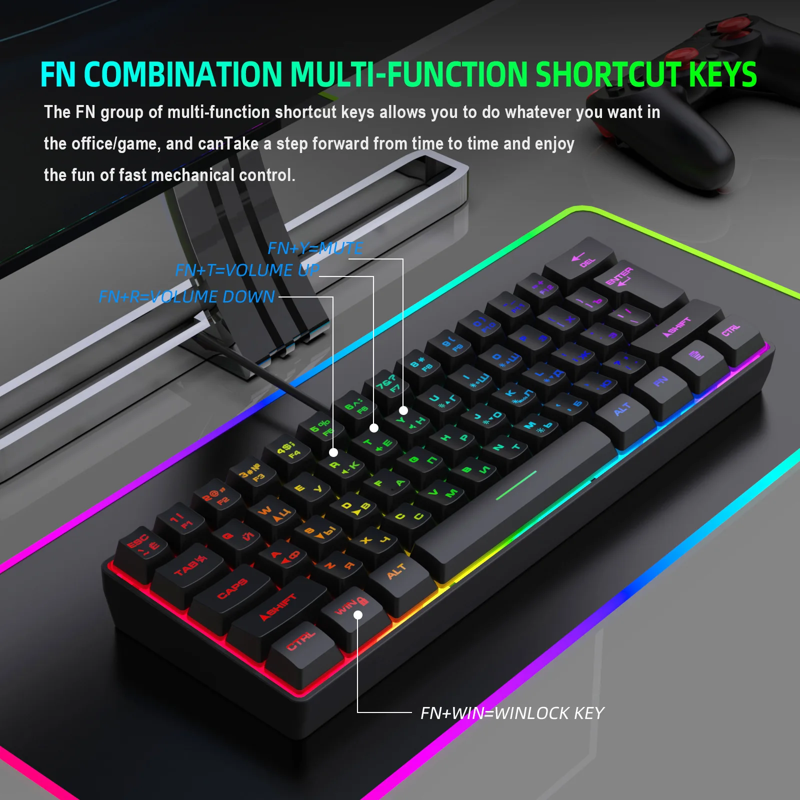 61-Key Russian Layout Mechanical Feel Keyboard Wired Gaming PC Keyboard with Cyrillic Letters