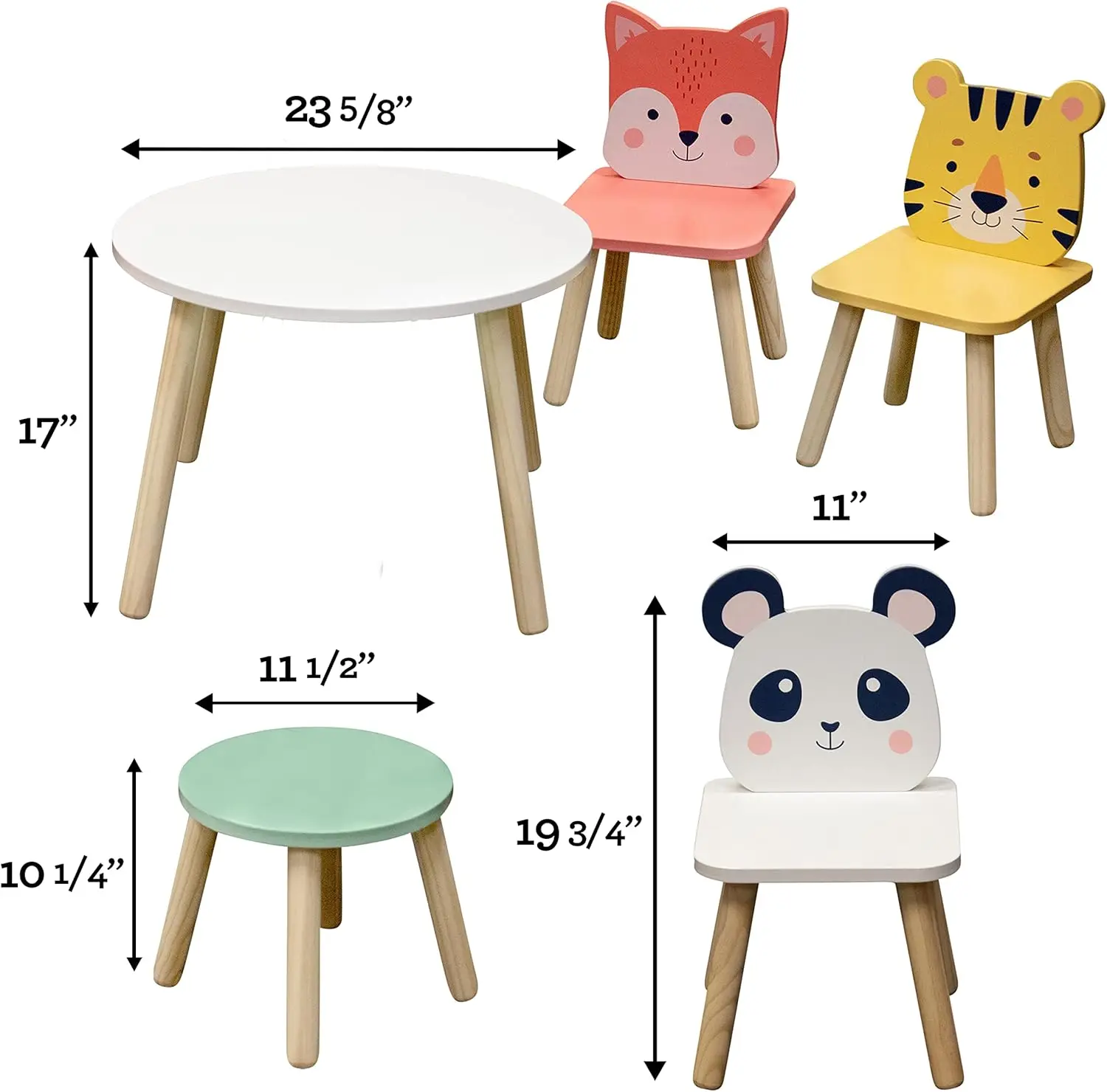 Chair Set w 4 Seats- Tiger, Panda & Fox Plus Adult Stool for Arts Crafts, Dining, Pretend Play- Durable Playroom Furniture for H