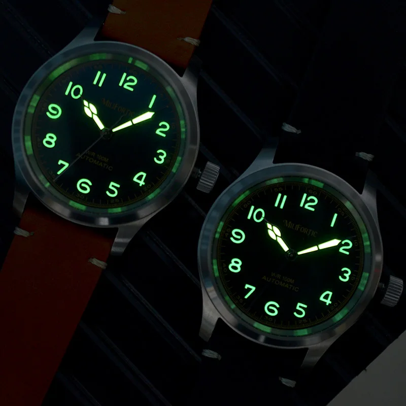 Relógios de campo milifortico m059 militar 39mm automático 100m à prova de relógio cristal safira luminoso couro homenagem relógios de pulso
