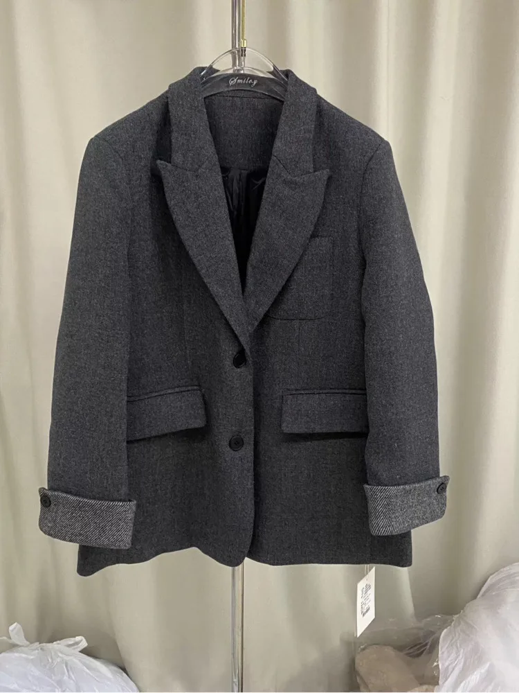 [oein] Gray Lapel Suit 2024 Winter New Style Down Inner Liner Western Woolen Coat Women