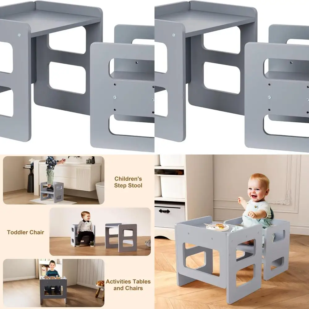 

Adjustable Height Montessori Toddler Table and Chair Set, Solid Wood Furniture with Step Stool for 1-3 Year Olds - Grey