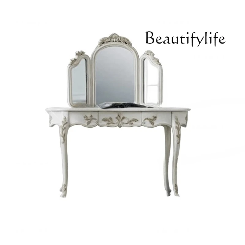 

French light luxury solid wood carving flower dresser bedroom retro old dressing table dressing mirror combination