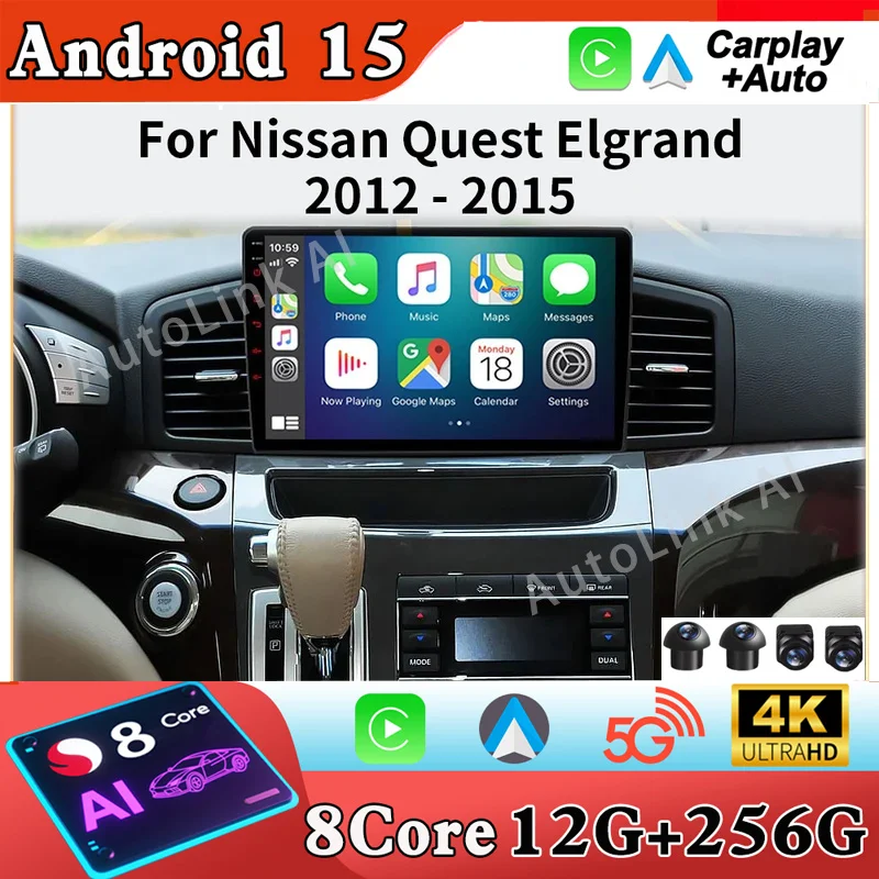 Android 15 For Nissan Quest Elgrand 2012-2015 Car Radio Navigation GPS Stereo Multimedia 360 Camera Video Player 5G WIFI QLED