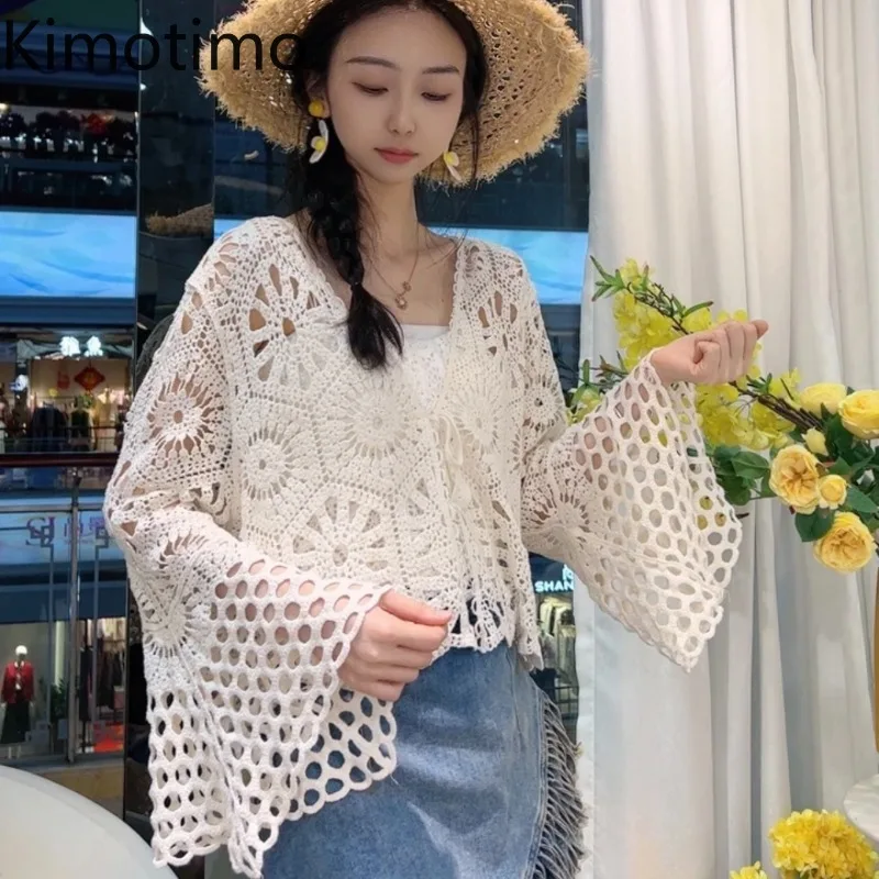 Kimotimo Hook Flower Hollow Knitted Cardigan Women Summer Outwear Flare Sleeve Boho Crop Tops Korean Beach Style Lace Up Coats